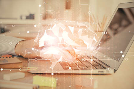 Man typing on keyboard background with brain hologram. Concept of big Data. Double exposure.