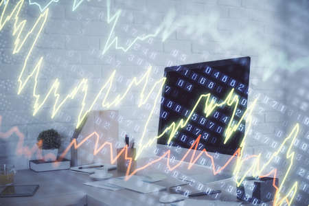 Multi exposure of stock market chart drawing and office interior background. Concept of financial...