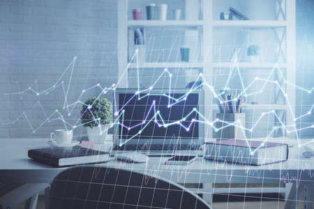 Double exposure of financial graph drawing and office interior background. Concept of stock market.