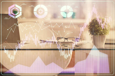 Double exposure of financial graph drawing and office interior background. Concept of stock market.