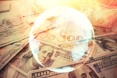 Multi exposure of business theme drawing over us dollars bill background. Concept of financial success.の写真素材