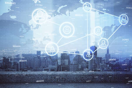 Double exposure of social network theme drawing and cityscape background. Concept of people...