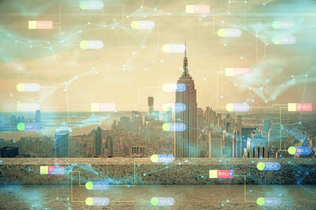 Data theme hologram drawing on city view with skyscrapers background double exposure. Technology...
