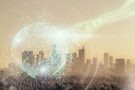 Data theme hologram drawing on city view with skyscrapers background multi exposure. Bigdata...