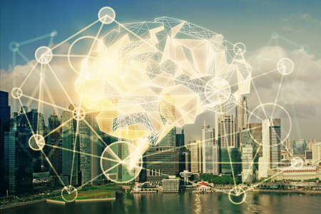 Brain hologram drawing on cityscape background multi exposure. Ai in modern city concept.