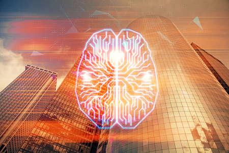 Brain hologram drawing on cityscape background multi exposure. Ai in modern city concept.