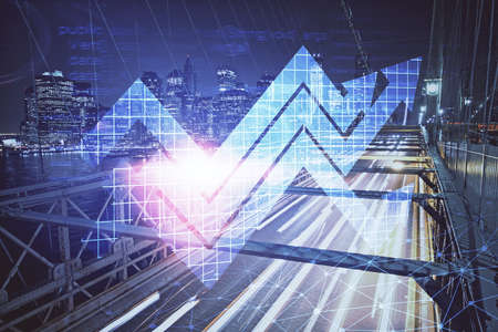 Double exposure of arrows growing up hologram and cityscape background. Concept of success.