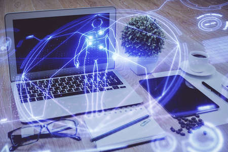 Desktop computer background and education theme drawing. Double exposure. Study concept.