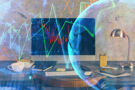 Multi exposure of graph and financial info and work space with computer background. Concept of...