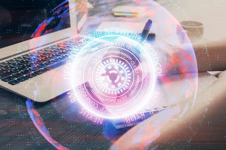 Tech theme hologram over womans hands taking notes background. Concept of hightech. Double exposure