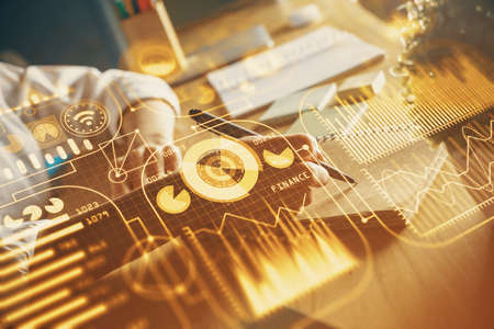 Tech theme hologram over womans hands taking notes background. Concept of hightech. Double exposure