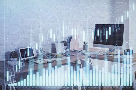 Multi exposure of stock market chart drawing and office interior background. Concept of financial...