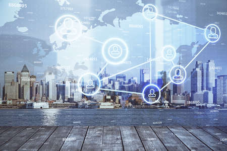 Double exposure of social network theme drawing and cityscape background. Concept of people...