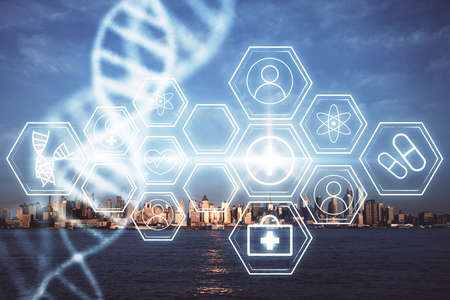 Double exposure of DNA drawing and cityscape background. Concept of education.