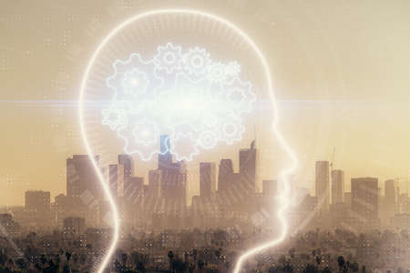 Brain hologram drawing on cityscape background multi exposure. Ai in modern city concept.