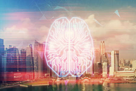 Brain hologram drawing on cityscape background multi exposure. Ai in modern city concept.の写真素材