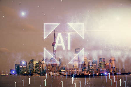 Data theme hologram drawing on city view with skyscrapers background double exposure. Ai concept.の写真素材