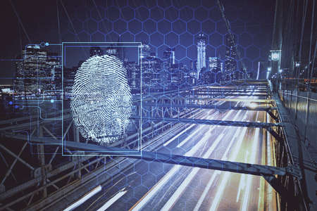 Double exposure of finger print hologram and cityscape background. Concept of personal security.