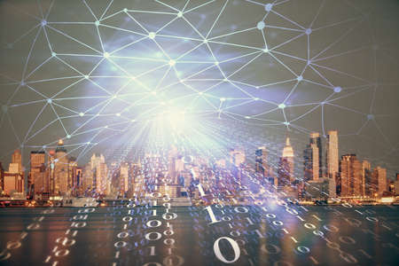 Data theme hologram drawing on city view with skyscrapers background double exposure. Ai concept.の写真素材