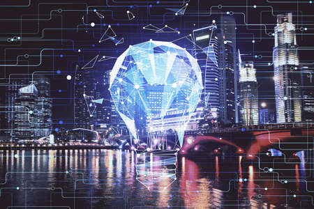 Multi exposure of bulb hologram drawing and cityscape background. Concept of idea.の写真素材