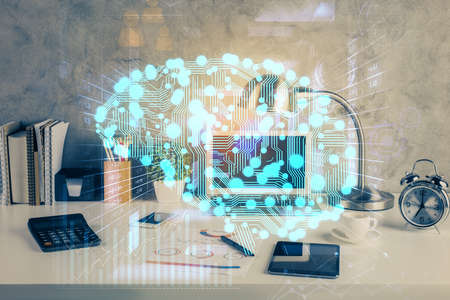 Double exposure of desktop with computer and brain drawing hologram. Artificial intelligence...