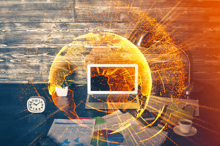 Computer on desktop with social network hologram. Multi exposure. Concept of international people connections.の写真素材