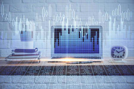 Multi exposure of forex chart and work space with computer. Concept of international online trading.