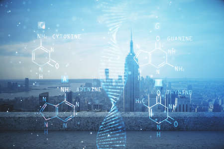 Double exposure of DNA drawing and cityscape background. Concept of education.の写真素材