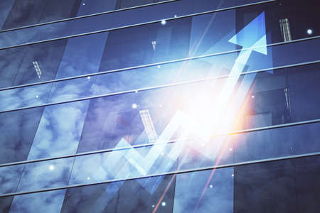 Double exposure of arrows growing up hologram and cityscape background. Concept of success.