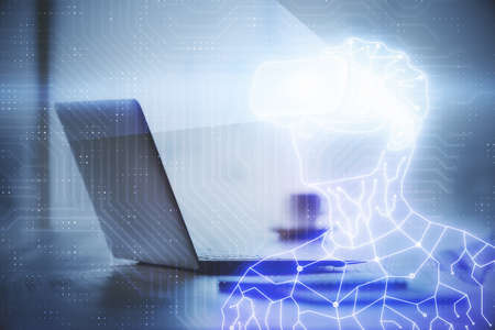 Computer on desktop with AR theme icon. Multi exposure. Concept of augmented reality.