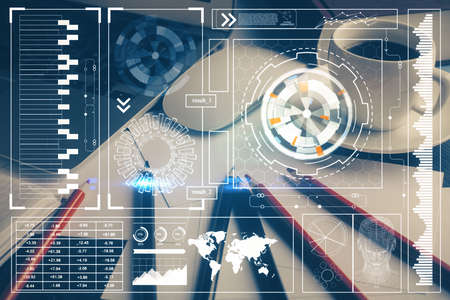 Double exposure of desktop with computer on background and tech theme drawing. Concept of big data.