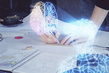 Abstract man wearing augmented reality headsets computer work with writing human background. AR...