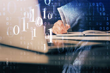 Humans hands with data theme multi exposure background drawings. Concept of innovation.