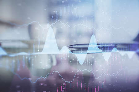 Double exposure of forex chart over coffee cup background in office. Concept of financial analysis...