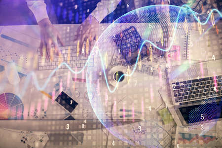 Double exposure of man and woman working together and financial chart hologram drawing. market...