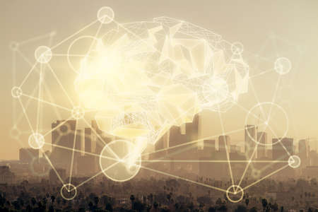 Brain hologram drawing on cityscape background multi exposure. Ai in modern city concept.