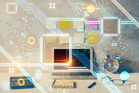 Multi exposure of table with computer on background and data theme drawing. Concept of innovation.