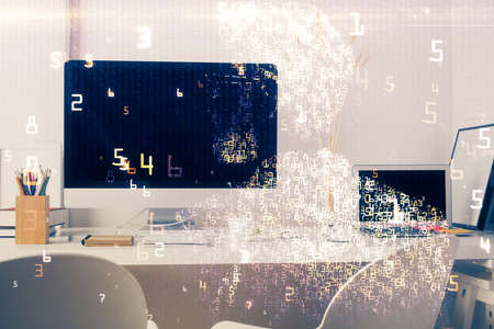 Computer on desktop in office with technology theme hologram. Double exposure. Tech concept.