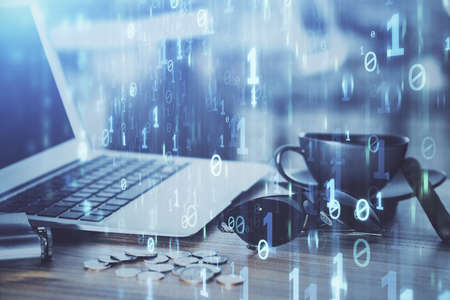 Double exposure of computer and technology theme hologram. Concept of freelance work.