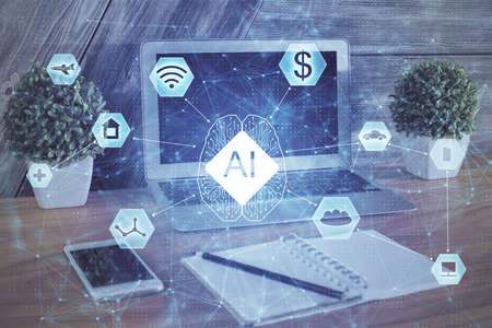 Double exposure of computer and technology theme hud. Concept of innovation.の写真素材