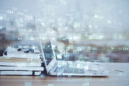 Double exposure of computer and technology theme drawing. Concept of innovation.