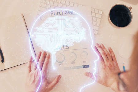 Haman brain double exposure icon with man hands background. Concept of Ai.