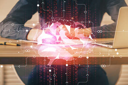 Brain multi exposure icon with man hands background. Concept of learning.