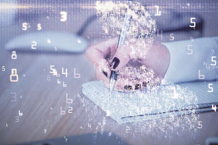 Technology theme hologram over womans hands taking notes background. Concept of Tech. Double...