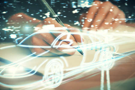 Tech autopilot theme hologram over womans hands taking notes background. Concept of hightech. Double...