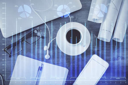 Multi exposure of forex graph drawing over desktop background with computer. Concept of financial...