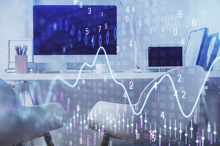 Double exposure of stock market graph drawing and office interior background. Concept of financial...