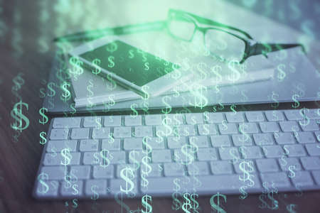 Double exposure of forex chart drawing and cell phone background. Concept of financial tradingの写真素材