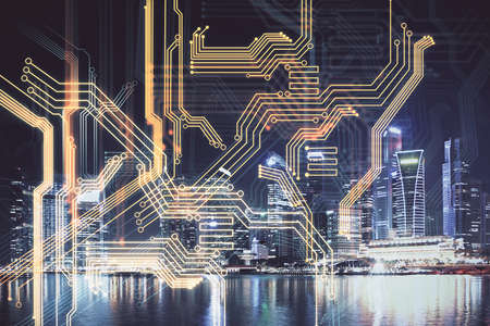 Double exposure of technology theme hologram and cityscape background. Concept of Hightech.の写真素材