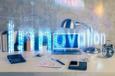 Multi exposure of table with computer on background and data theme drawing. Concept of innovation.
